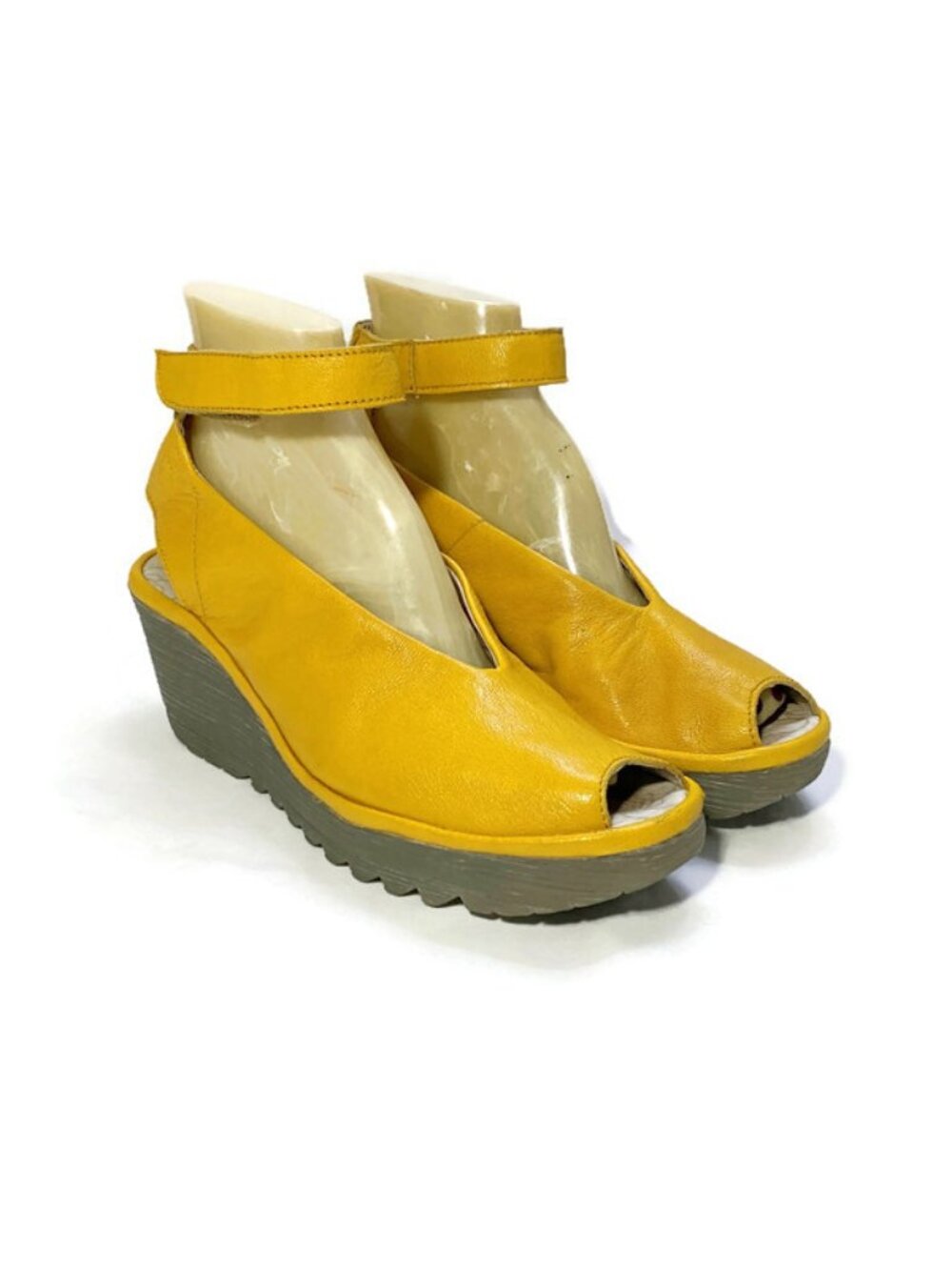 Fly London Yala Yellow Wedge Sandals Peep Toe Ankle Strap Soft Leather Shoes